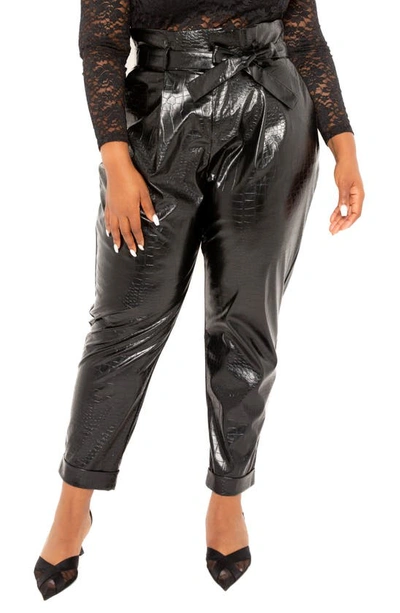 Buxom Couture Croc Embossed Paperbag Waist Faux Leather Pants In Black