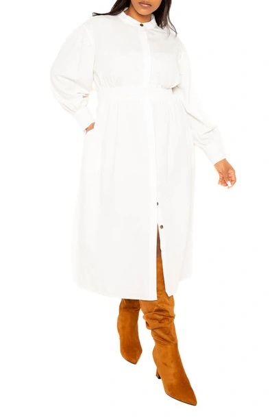 Buxom Couture Back Waist Cutout Long Sleeve Midi Shirtdress In White