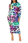 BUXOM COUTURE BUXOM COUTURE ANIMAL PRINT RUCHED LONG SLEEVE BODY-CON DRESS