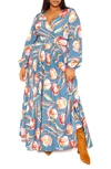 Buxom Couture Floral Long Sleeve Pleated Maxi Dress In Teal Multi