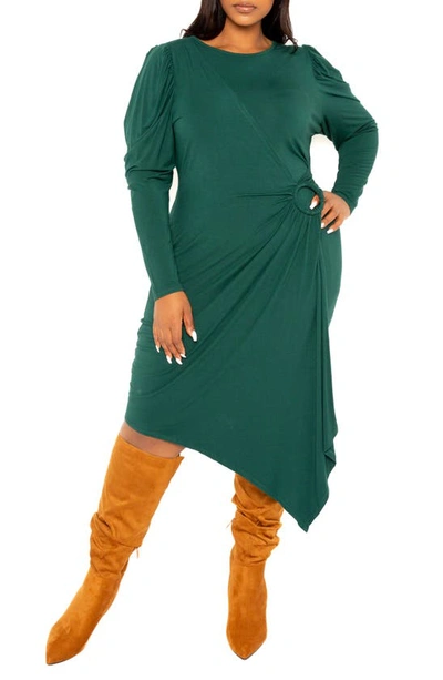 Buxom Couture Asymmetric Long Sleeve Dress In Green