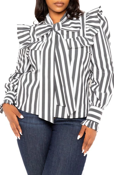 Buxom Couture Stripe Ruffle Bow Neck Shirt In Black