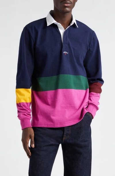 Noah Colorblock Stripe Long Sleeve Rugby Polo In Navy/ Raspberry