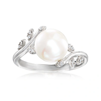 Ross-simons 9-9.5mm Cultured Pearl Vine Ring With Diamond Accents In Sterling Silver In White