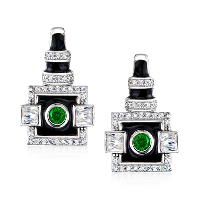 Ross-simons Simulated Emerald And . Cz Art Deco-style Earrings With Black Enamel In Sterling Silver In Green