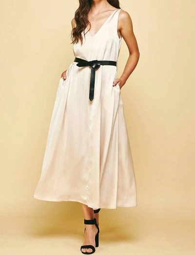 Pinch Monroe Belted V Neck Dress In Champagne In White