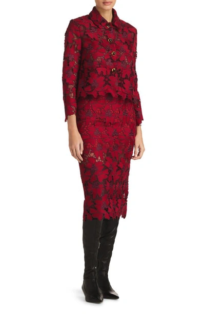 St John Floral Guipure Lace Skirt In Crimson Mulberry
