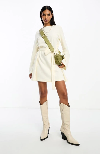 Asos Design Jumper Long Sleeve Tie Belt Mini Sweater Dress In White |  ModeSens