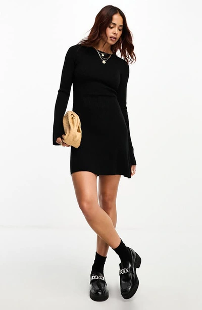 Asos Design Long Sleeve Ribbed Mini Sweater Dress In Black