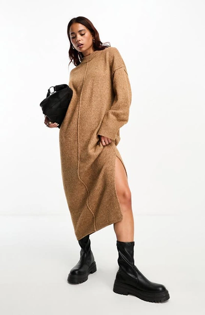 Asos Design Oversize Long Sleeve Knit Midi Sweater Dress In Camel