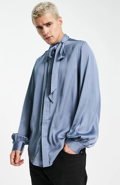 Asos Design Tie Neck Satin Button-up Shirt In Mid Blue