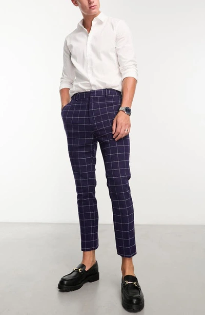 Asos Design Windowpane Tapered Smart Trousers In Navy