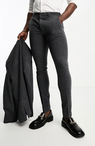 Asos Design Skinny Fit Herringbone Suit Trousers In Charcoal