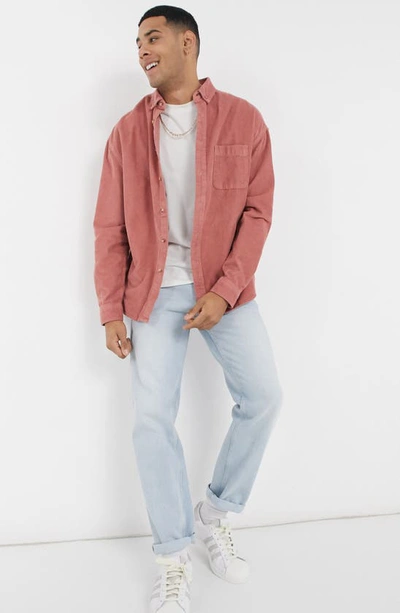 Asos Design 90 Oversized Raglan Sleeve Cord Shirt In Clay Pink