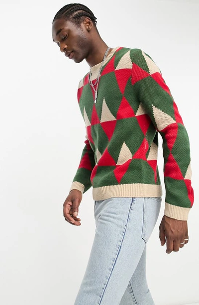 Asos Design Knit Geo Print Sweater In Jewel Tones-multi