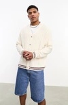 Asos Design Oversized Cable Knit Cricket Sweater In Cream With Green Tipping-white In Cream