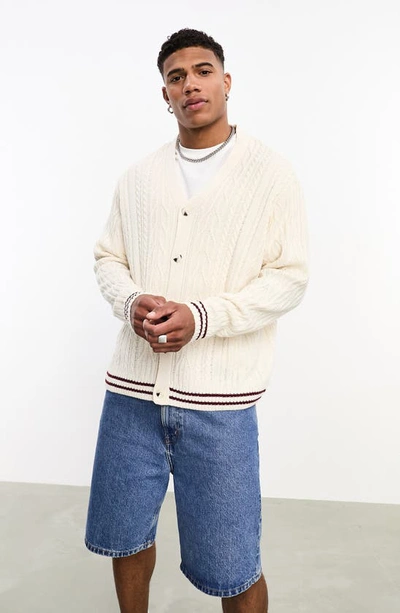 Asos Design Oversized Cable Knit Cricket Sweater In Cream With Green Tipping-white In Neutral