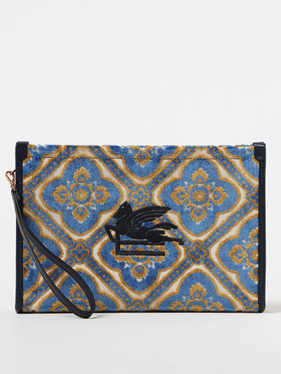 Etro Clutch In Jacquard Fabric And Chenille With Logo In Blue