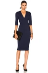 VICTORIA BECKHAM VICTORIA BECKHAM MICROBRUSH COTTON MID SLEEVE V NECK FITTED DRESS IN BLUE,DR FIT 6130 PAW17