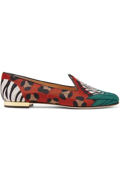 Charlotte Olympia Animal Kingdom Leather-trimmed Embroidered Canvas Slippers In Print