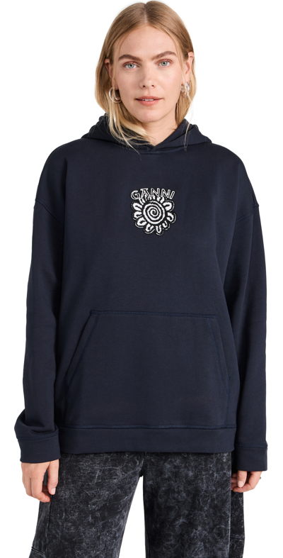 Ganni Long Sleeve Blue Oversized Isoli Flower Hoodie In Navy