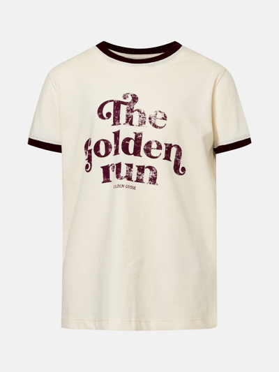 Golden Goose Kids' Contrast-trim Slogan-print Cotton T-shirt In Beige