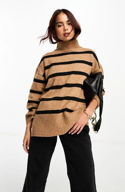 Asos Design Longline Sweater With High Neck In Stripe-multi