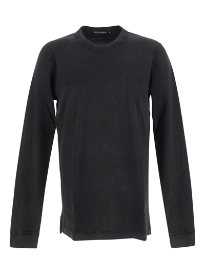 Dolce & Gabbana Black Long Sleeves Crewneck T-shirt In Cotton Man In Grey