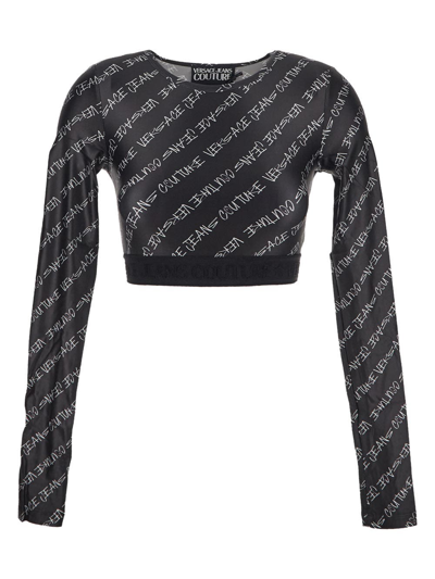 Versace Jeans Couture Long Sleeve Logo-print Crop Top In Black