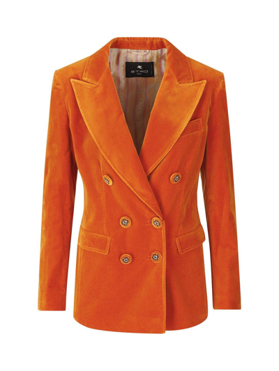 Etro Double-breasted Velvet Blazer In Orange