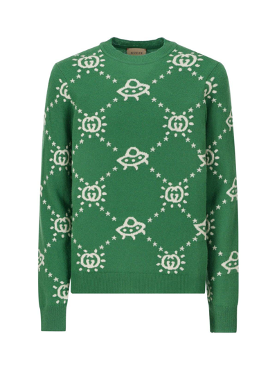 Gucci Kids Gg Ufo Intarsia Crewneck Jumper In Green