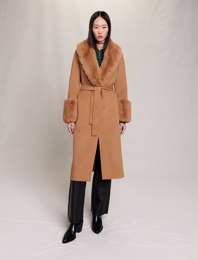 Maje Wool Blend Belted Coat With Faux Fur Trim In Camel