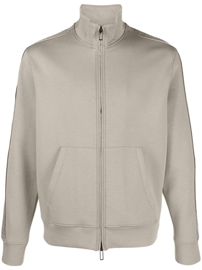 Emporio Armani Logo-jacquard Zip-up Stretch-cotton Sweatshirt In Grey