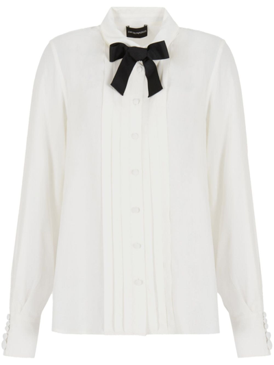 Emporio Armani Official Store Crêpe Shirt With Pleats And Bow In White