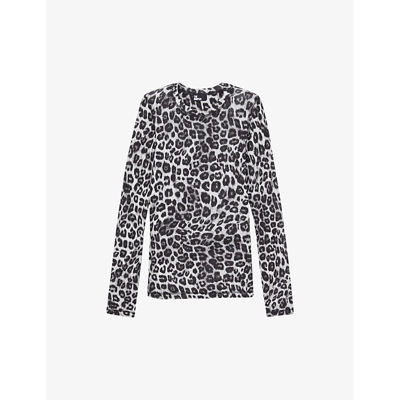 The Kooples Womens Black Grey Leopard-print Long-sleeve Lyocell And Cotton Top In Silver