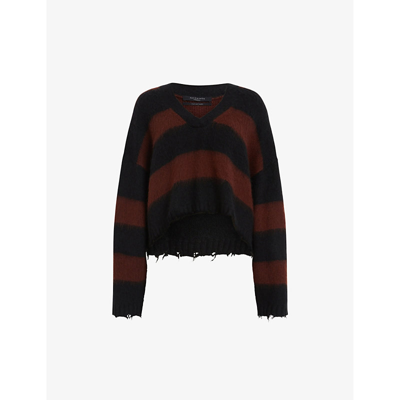 Allsaints Lou Striped Cropped Knitted Jumper In Blk/chestnut B