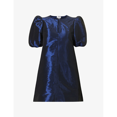 Ganni Womens Sodalite Blue Puff-sleeve Flared-hem Recycled Polyester-blend Mini Dress