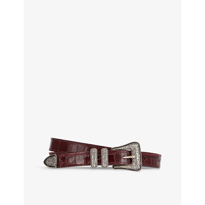 The Kooples Croco Embossed Leather Belt In Bordeaux