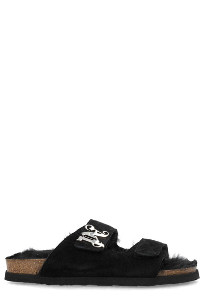 Palm Angels Logo Plaque Faux-fur Sandals In Black