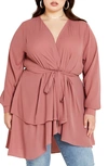 City Chic Sibara Long Sleeve Tunic Top In Papaya