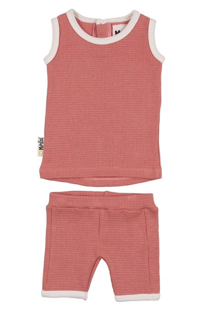 Maniere Babies' Waffle Knit Cotton Tank & Shorts Set In Salmon