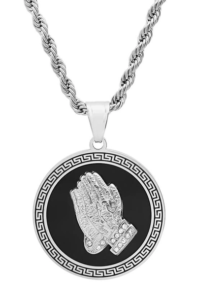 Hmy Jewelry Stainless Steel Enamel Prayer Hands Pendant Necklace In Silver/black