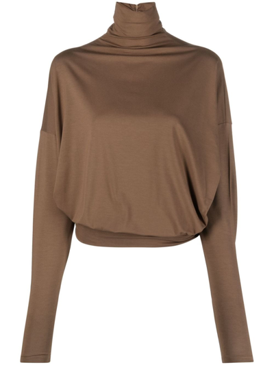 Pinko Draped High-neck Long-sleeve Top In Brown