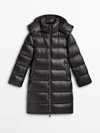 Massimo Dutti Long Jacket With Down And Feathers Filling And Contrast Hood In Schwarz