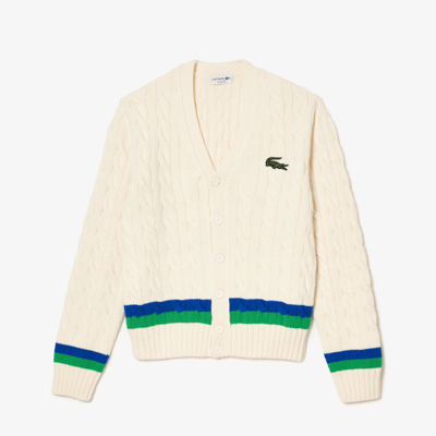 Lacoste Unisex Cable Knit Striped Cardigan In White