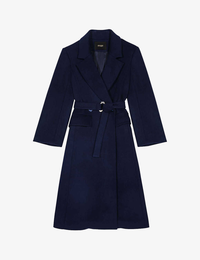 Maje Giblue Double Breasted Belted Coat In Navy