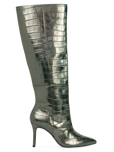 Black Suede Studio Tory Croc Embossed Knee High Boot In Emerald Croc