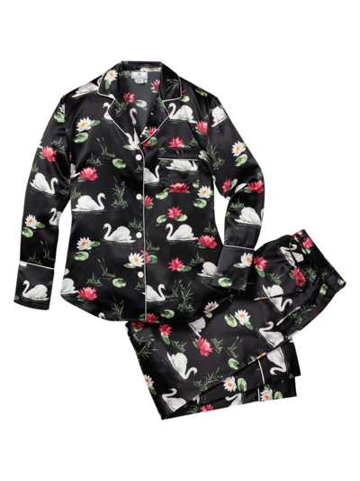 Petite Plume Silk Swan Lake Pajama Set In Black