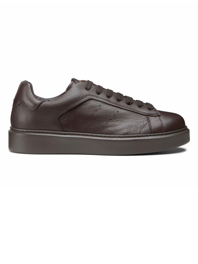 Doucal's Dark Brown Tumbled Leather Sneaker In Tabacco