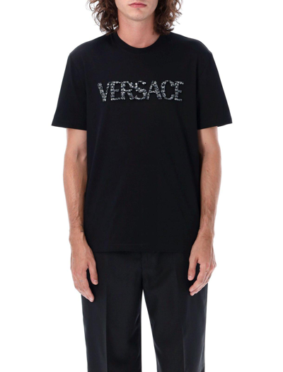 Versace Logo Embroidered Crewneck T-shirt In Black
